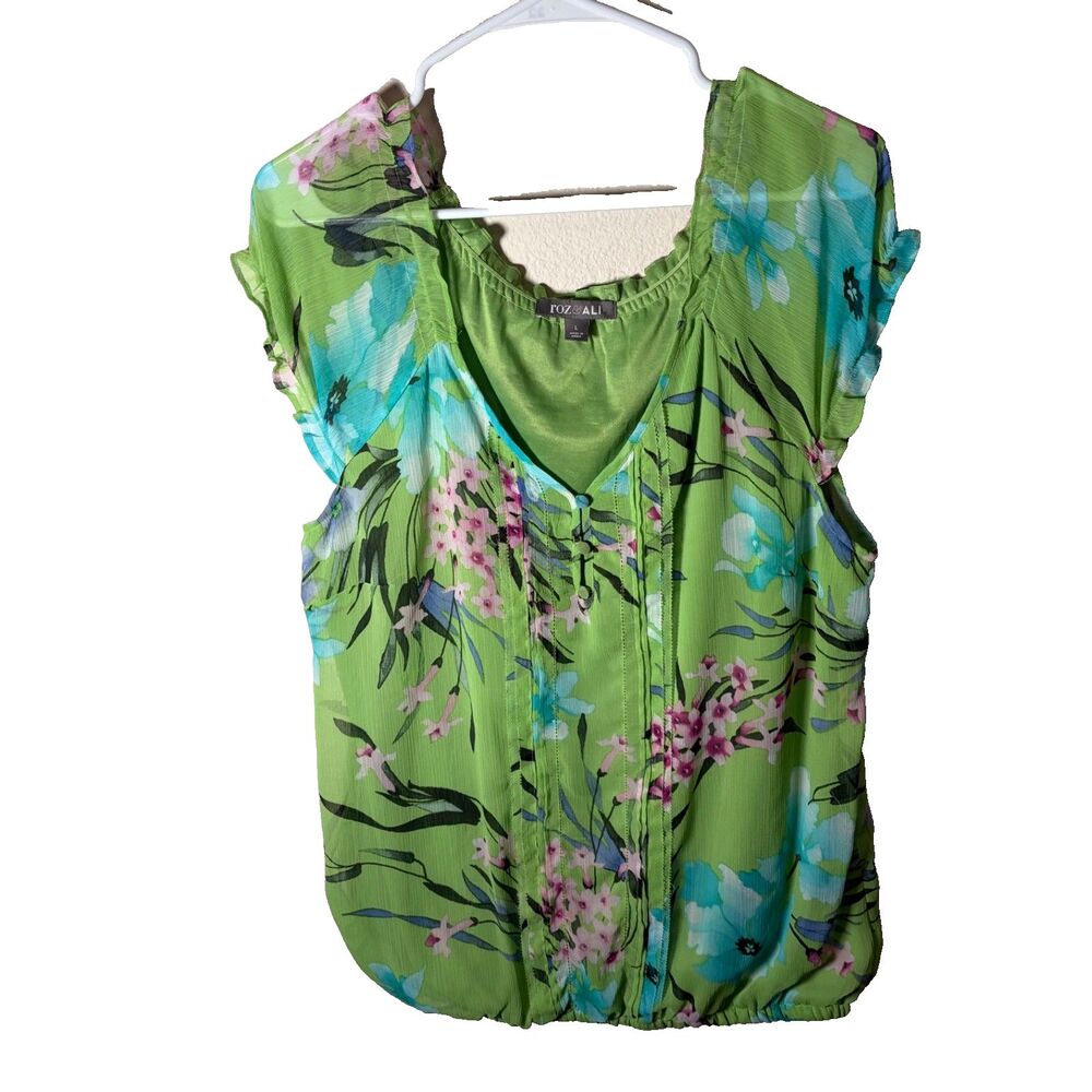 Roz & Ali Blouse Women's Large V-Neck Short Sleeve Ruffle Tie Printed Top Shirt